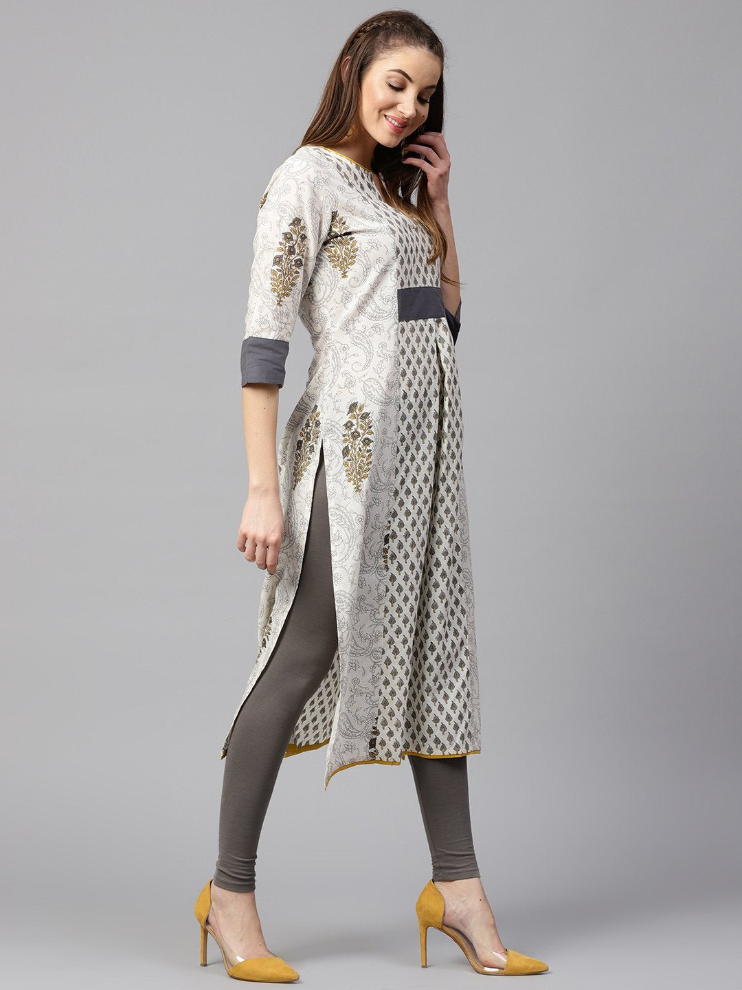 Off White Printed Half Sleeve Cotton A-Line Kurta | LASVINI - Redefining Indian Fashion with Elegance