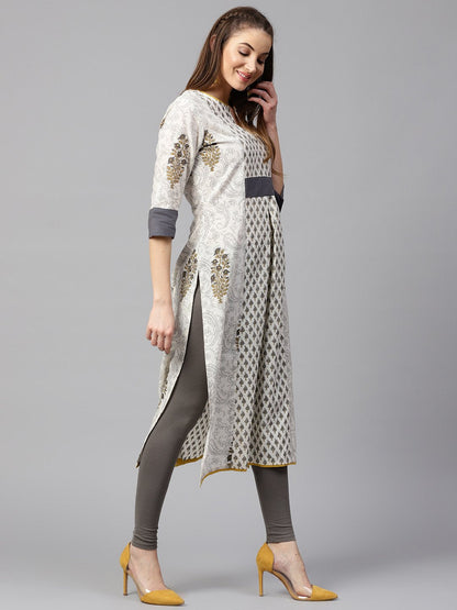 Off White Printed Half Sleeve Cotton A-Line Kurta | LASVINI - Redefining Indian Fashion with Elegance