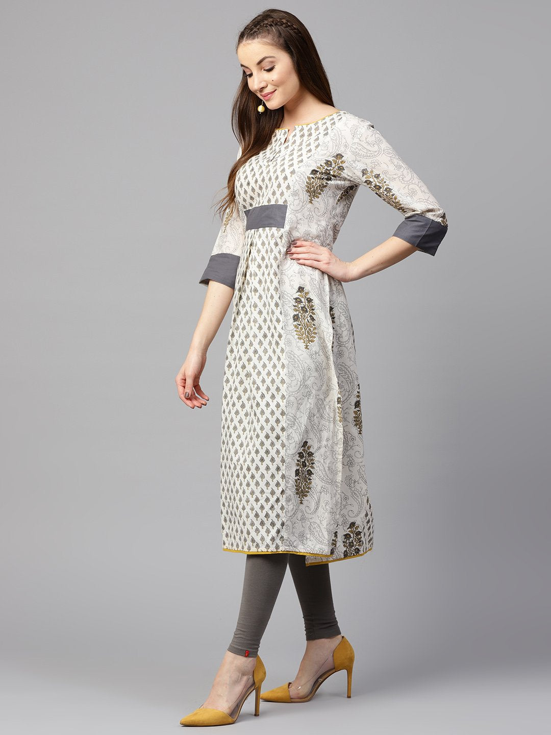 Off White Printed Half Sleeve Cotton A-Line Kurta | LASVINI - Redefining Indian Fashion with Elegance