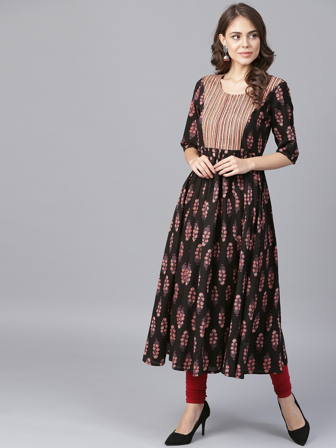 Black Printed Half Sleeve Cotton Anarkali Kurta | LASVINI - Redefining Indian Fashion with Elegance
