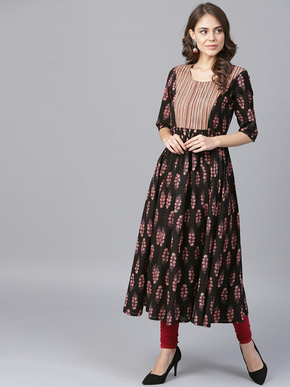 Black Printed Half Sleeve Cotton Anarkali Kurta | LASVINI - Redefining Indian Fashion with Elegance
