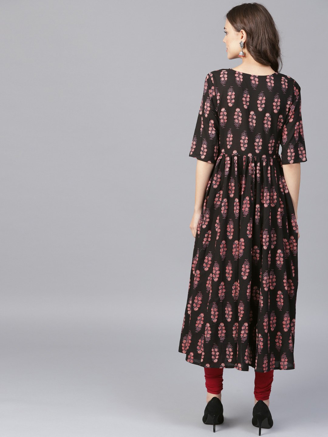 Black Printed Half Sleeve Cotton Anarkali Kurta | LASVINI - Redefining Indian Fashion with Elegance