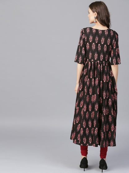Black Printed Half Sleeve Cotton Anarkali Kurta | LASVINI - Redefining Indian Fashion with Elegance