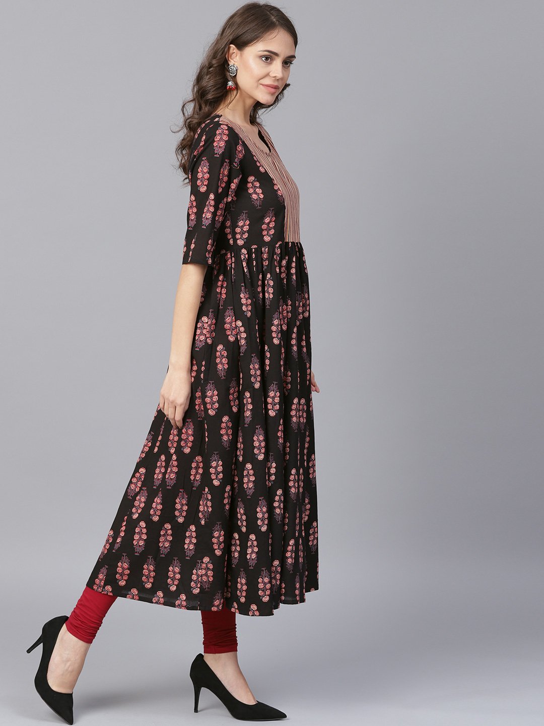 Black Printed Half Sleeve Cotton Anarkali Kurta | LASVINI - Redefining Indian Fashion with Elegance