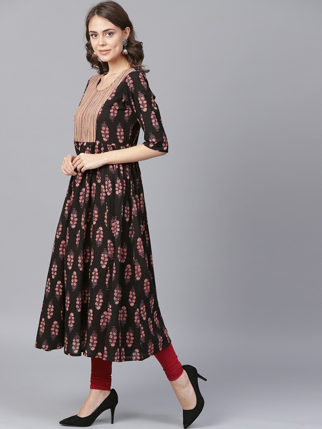 Black Printed Half Sleeve Cotton Anarkali Kurta | LASVINI - Redefining Indian Fashion with Elegance