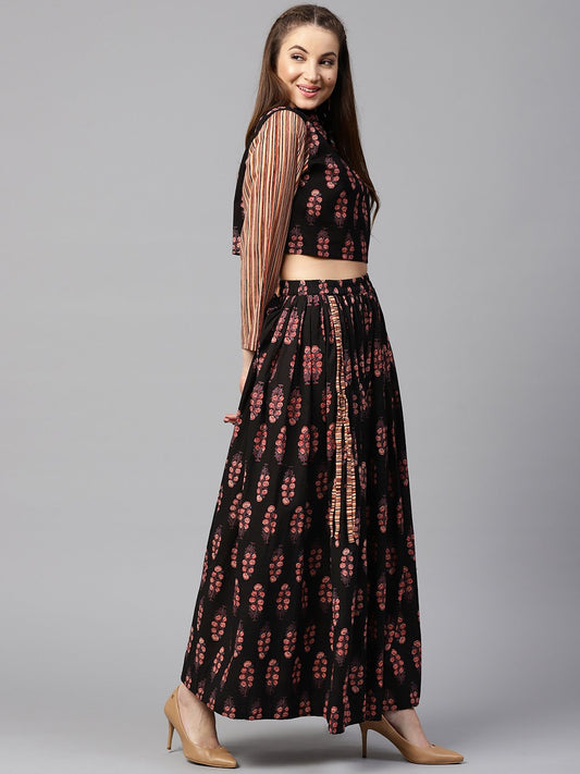 Black Printed 3/4Th Sleeve Blouse With Black Printed Flared Skirt | LASVINI - Redefining Indian Fashion with Elegance