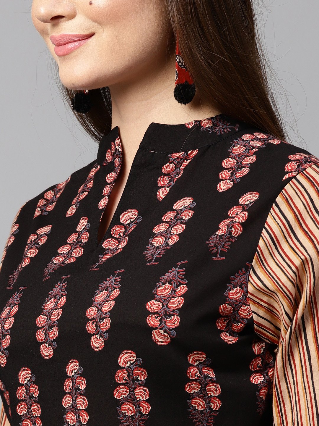 Black Printed 3/4Th Sleeve Blouse With Black Printed Flared Skirt | LASVINI - Redefining Indian Fashion with Elegance