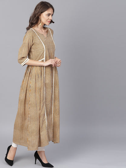 Beige Half Sleeve Cotton Anarkali Kurta | LASVINI - Redefining Indian Fashion with Elegance