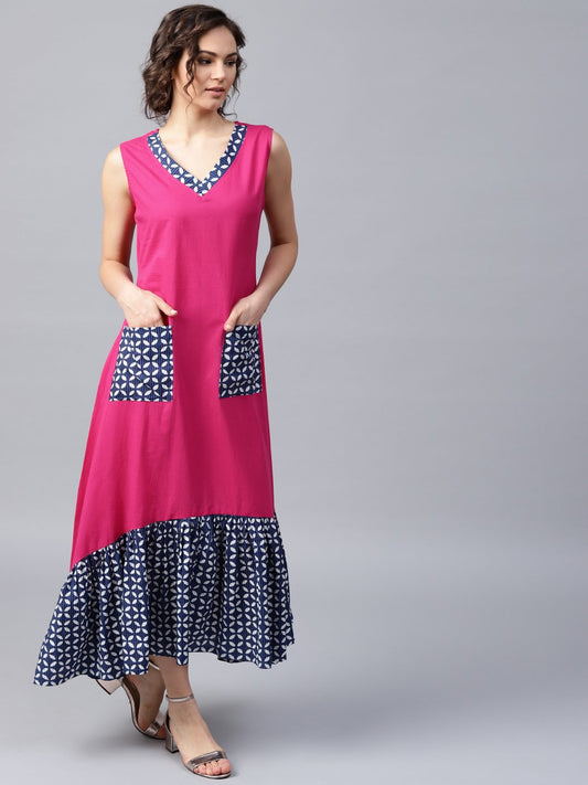 Pink Manipuri Printed Sleeveless Cotton Dress | LASVINI - Redefining Indian Fashion with Elegance