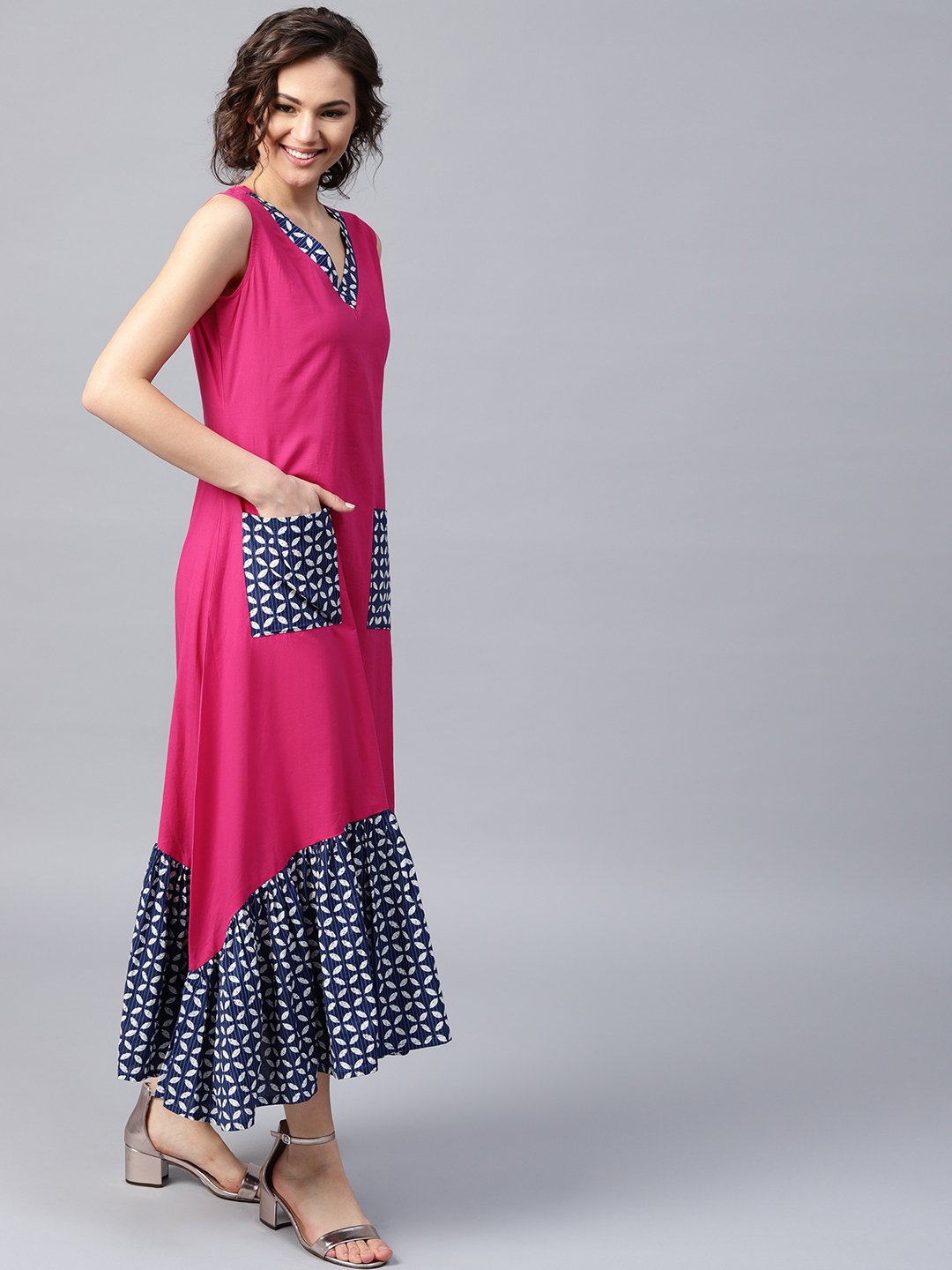 Pink Manipuri Printed Sleeveless Cotton Dress | LASVINI - Redefining Indian Fashion with Elegance