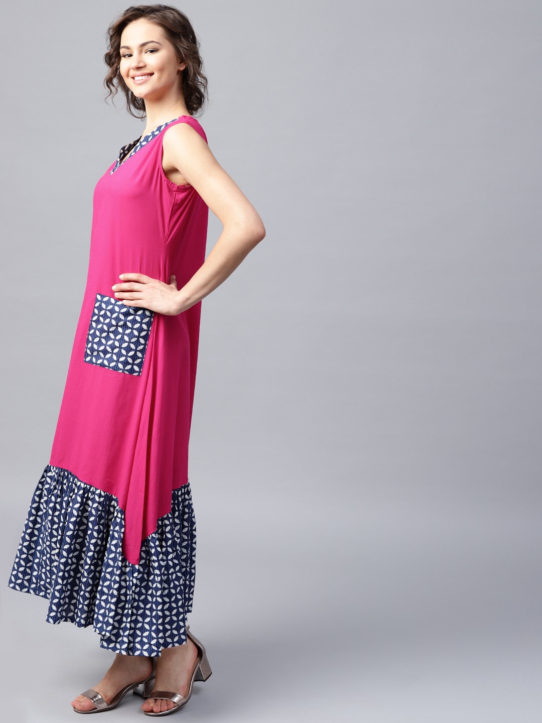 Pink Manipuri Printed Sleeveless Cotton Dress | LASVINI - Redefining Indian Fashion with Elegance