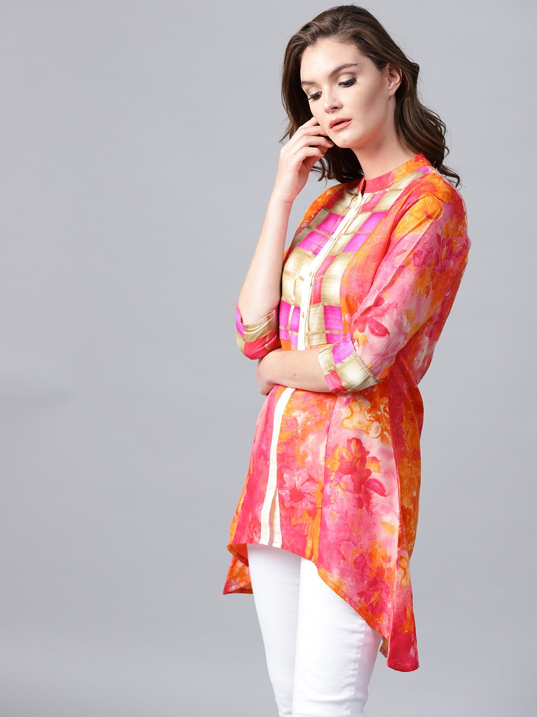 Red Foil Printed 3/4Th Sleeve Cotton Tunic | LASVINI - Redefining Indian Fashion with Elegance