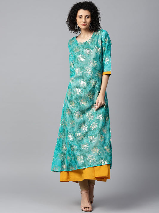 Blue Foil Printed 3/4Th Sleeve Anarkali Double Layer Kurta | LASVINI - Redefining Indian Fashion with Elegance