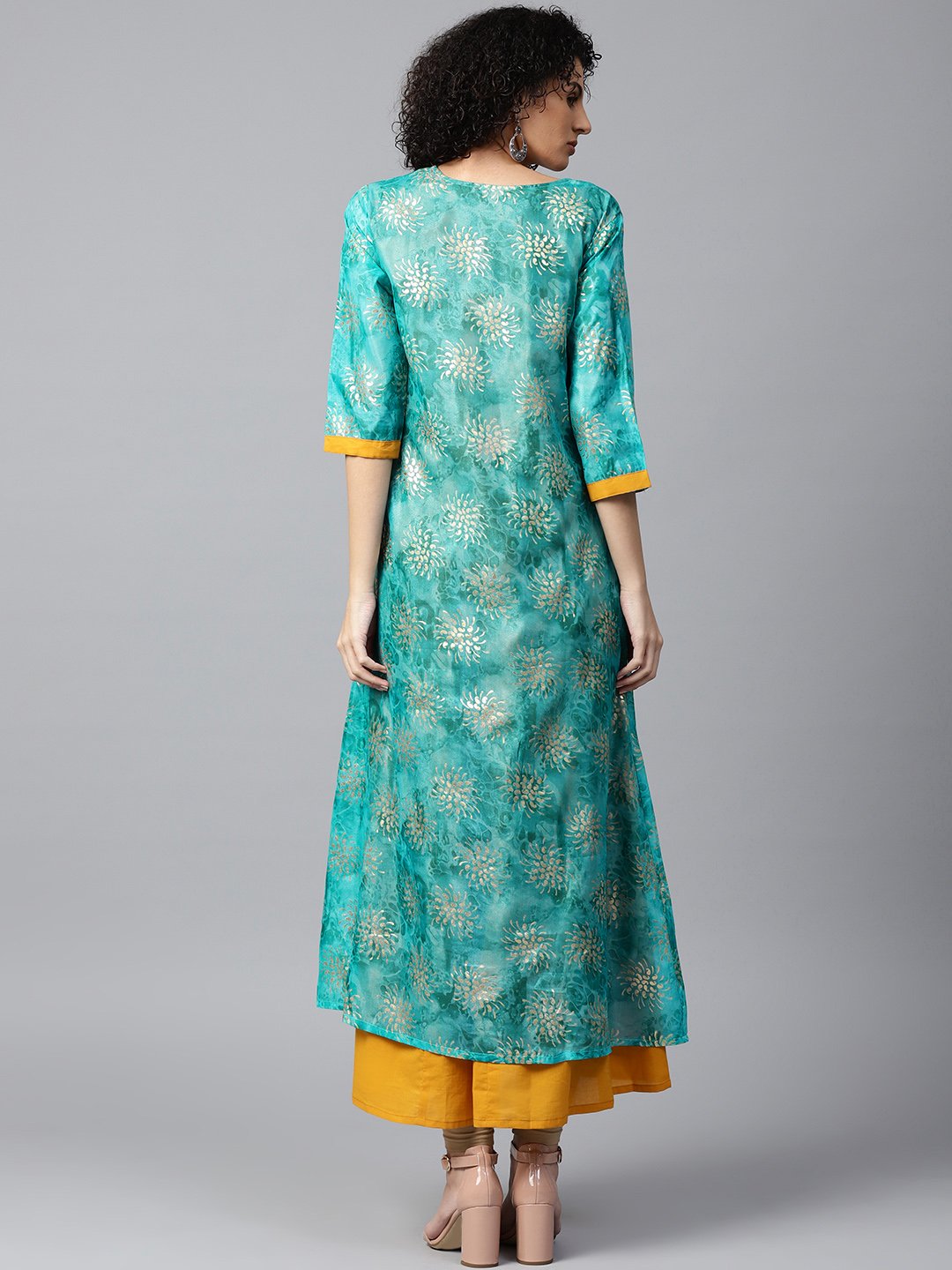 Blue Foil Printed 3/4Th Sleeve Anarkali Double Layer Kurta | LASVINI - Redefining Indian Fashion with Elegance