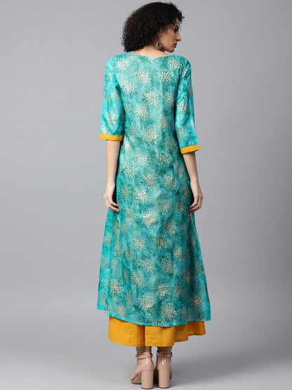 Blue Foil Printed 3/4Th Sleeve Anarkali Double Layer Kurta | LASVINI - Redefining Indian Fashion with Elegance
