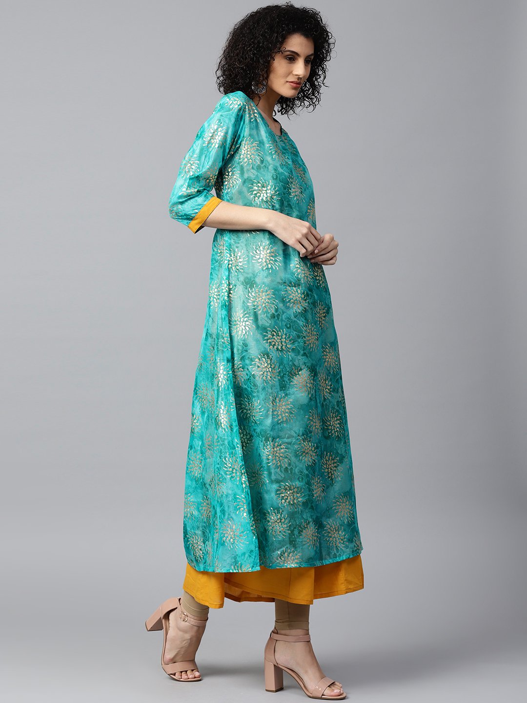 Blue Foil Printed 3/4Th Sleeve Anarkali Double Layer Kurta | LASVINI - Redefining Indian Fashion with Elegance
