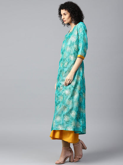 Blue Foil Printed 3/4Th Sleeve Anarkali Double Layer Kurta | LASVINI - Redefining Indian Fashion with Elegance
