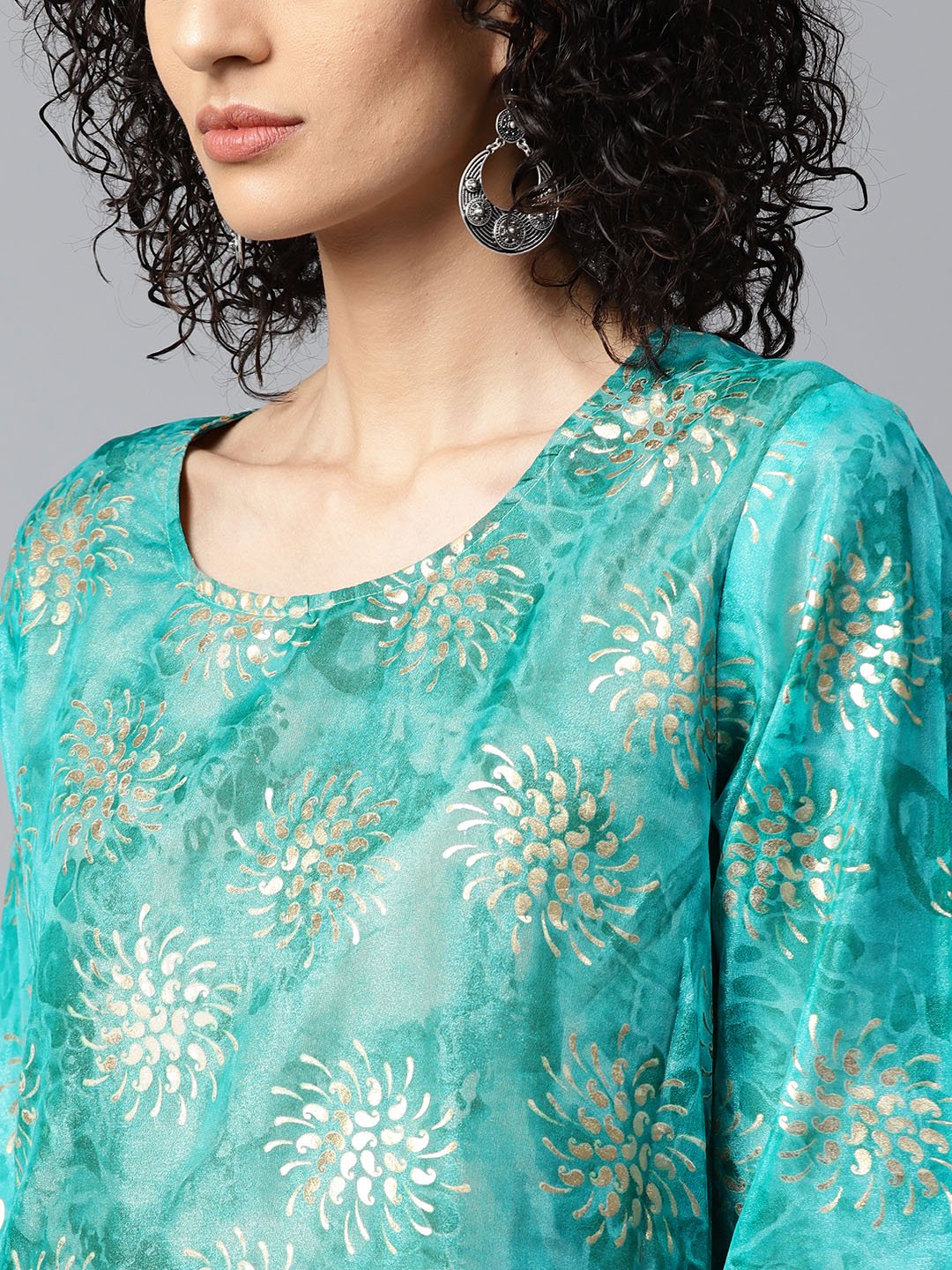 Blue Foil Printed 3/4Th Sleeve Anarkali Double Layer Kurta | LASVINI - Redefining Indian Fashion with Elegance