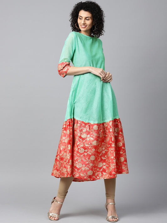 Aqua Banglori Printed Half Sleeve Chanderi Anarkali Kurta | LASVINI - Redefining Indian Fashion with Elegance