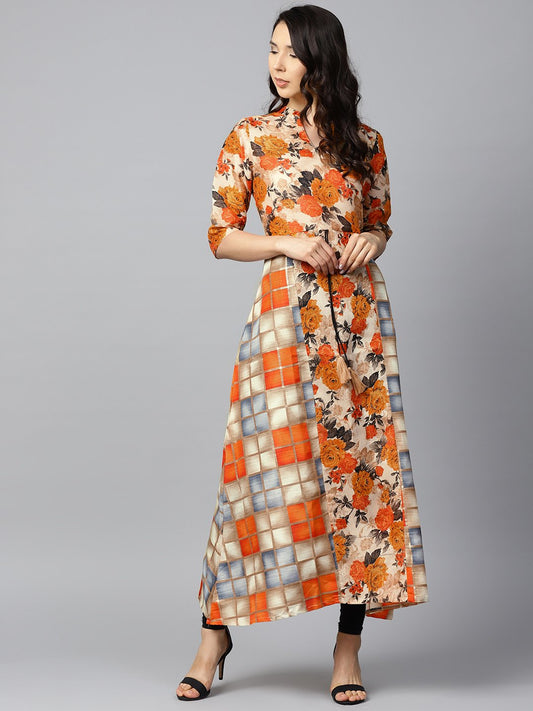 Yellow Flower Printed Half Sleeve Cotton Anarkali Kurta | LASVINI - Redefining Indian Fashion with Elegance