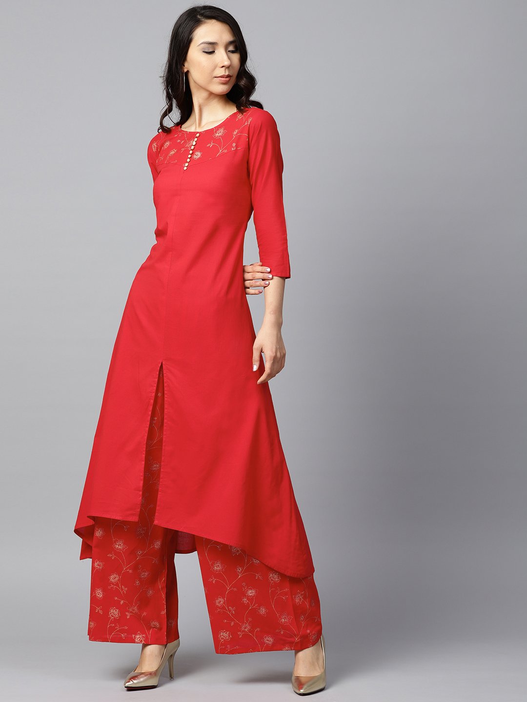 Red Yoke Printed 3/4Th Sleeve Cotton Kurta With Printed Ankle Length Palazzo | LASVINI - Redefining Indian Fashion with Elegance