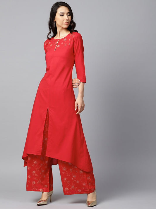 Red Yoke Printed 3/4Th Sleeve Cotton Kurta With Printed Ankle Length Palazzo | LASVINI - Redefining Indian Fashion with Elegance