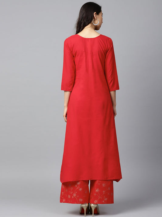 Red Yoke Printed 3/4Th Sleeve Cotton Kurta With Printed Ankle Length Palazzo | LASVINI - Redefining Indian Fashion with Elegance
