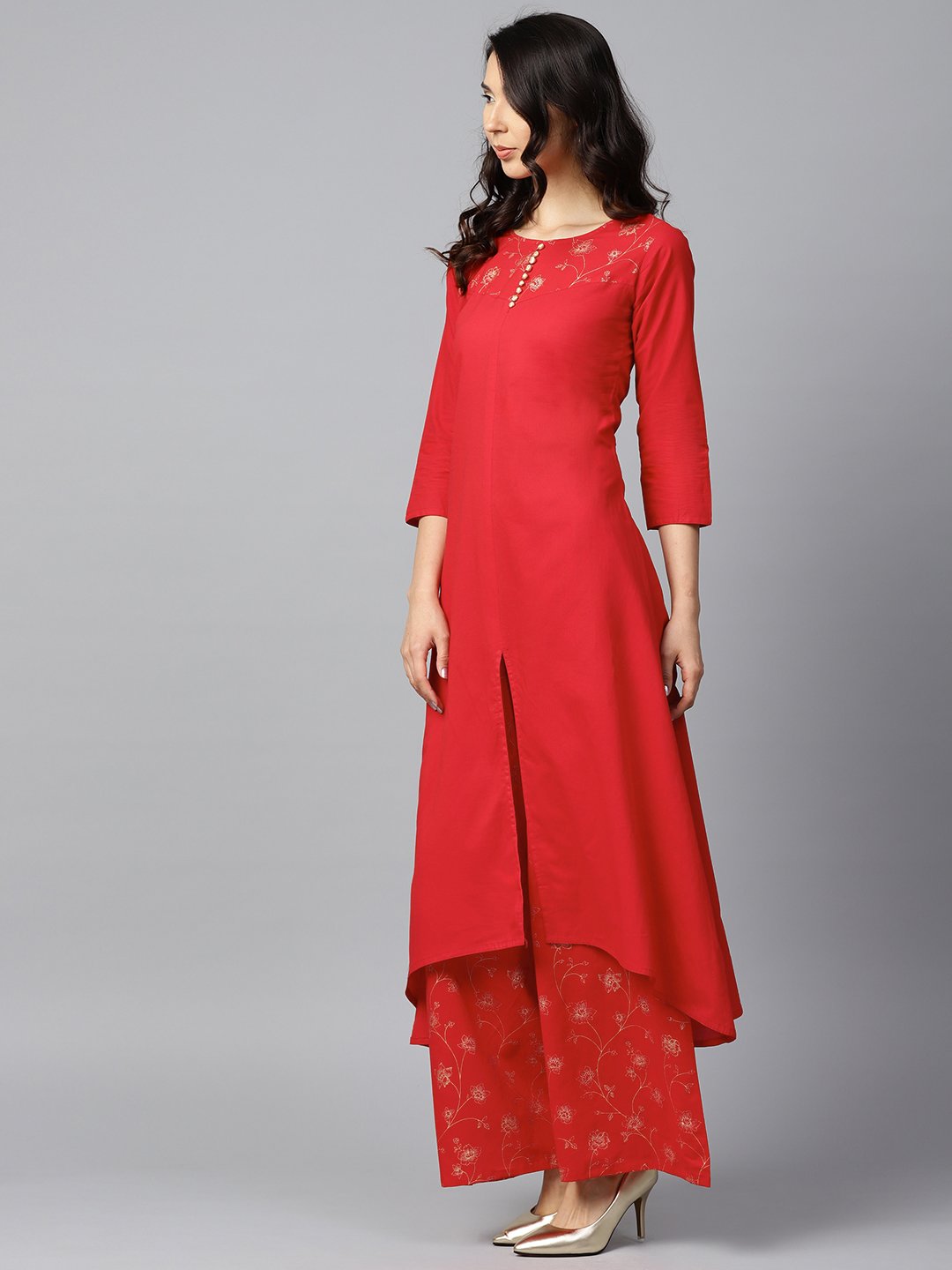 Red Yoke Printed 3/4Th Sleeve Cotton Kurta With Printed Ankle Length Palazzo | LASVINI - Redefining Indian Fashion with Elegance