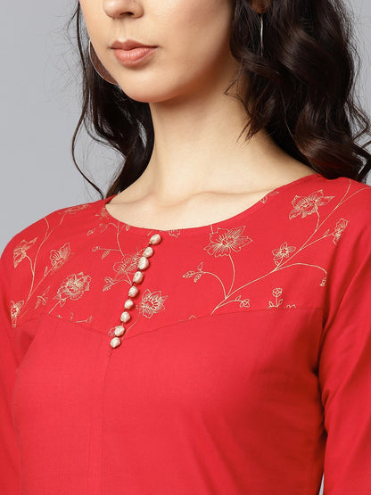 Red Yoke Printed 3/4Th Sleeve Cotton Kurta With Printed Ankle Length Palazzo | LASVINI - Redefining Indian Fashion with Elegance
