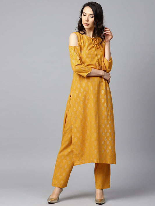 Yellow Printed 3/4Th Sleeve Cold Shoulder Cotton Kurta With Yellow Printed Palazzo | LASVINI - Redefining Indian Fashion with Elegance