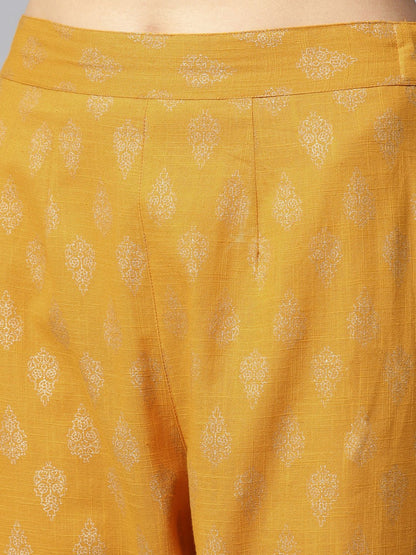 Yellow Printed 3/4Th Sleeve Cold Shoulder Cotton Kurta With Yellow Printed Palazzo | LASVINI - Redefining Indian Fashion with Elegance