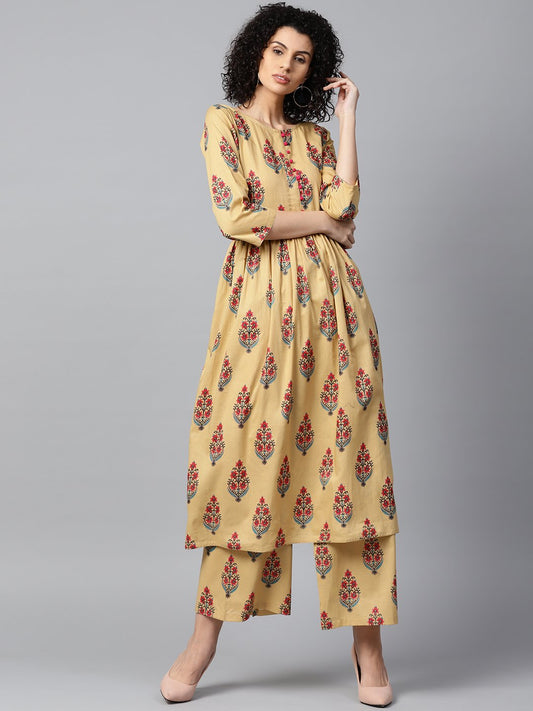 Yellow Printed 3/4Th Sleeve Cotton Anarkali Kurta With Printed Palazzo | LASVINI - Redefining Indian Fashion with Elegance