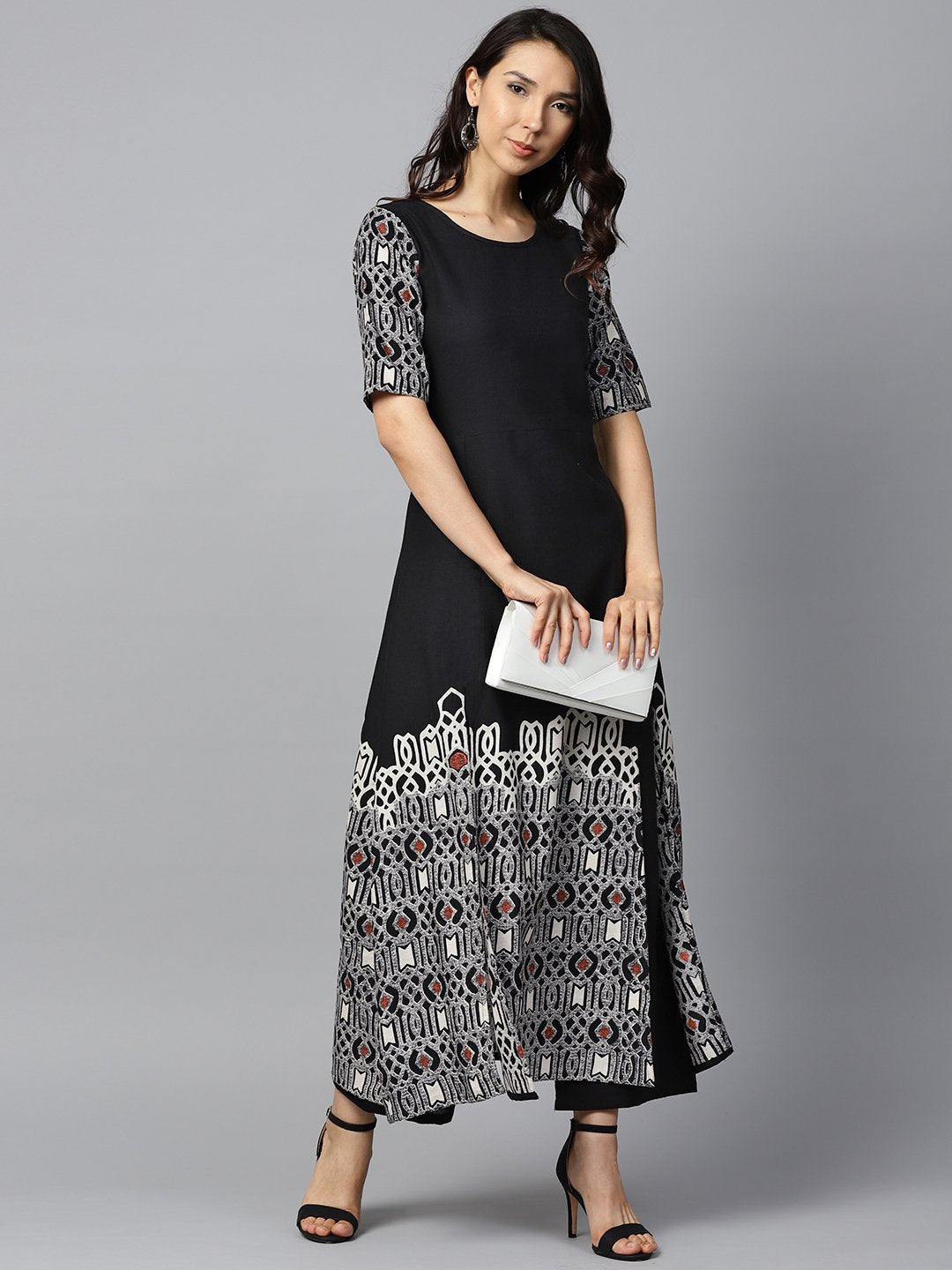 Black Printed Half Sleeve Cotton A-Line Kurta With White Printed Palazzo | LASVINI - Redefining Indian Fashion with Elegance