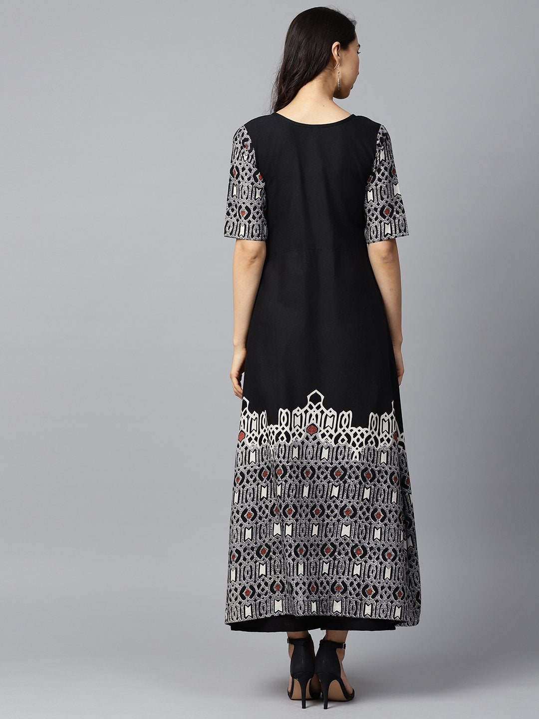 Black Printed Half Sleeve Cotton A-Line Kurta With White Printed Palazzo | LASVINI - Redefining Indian Fashion with Elegance