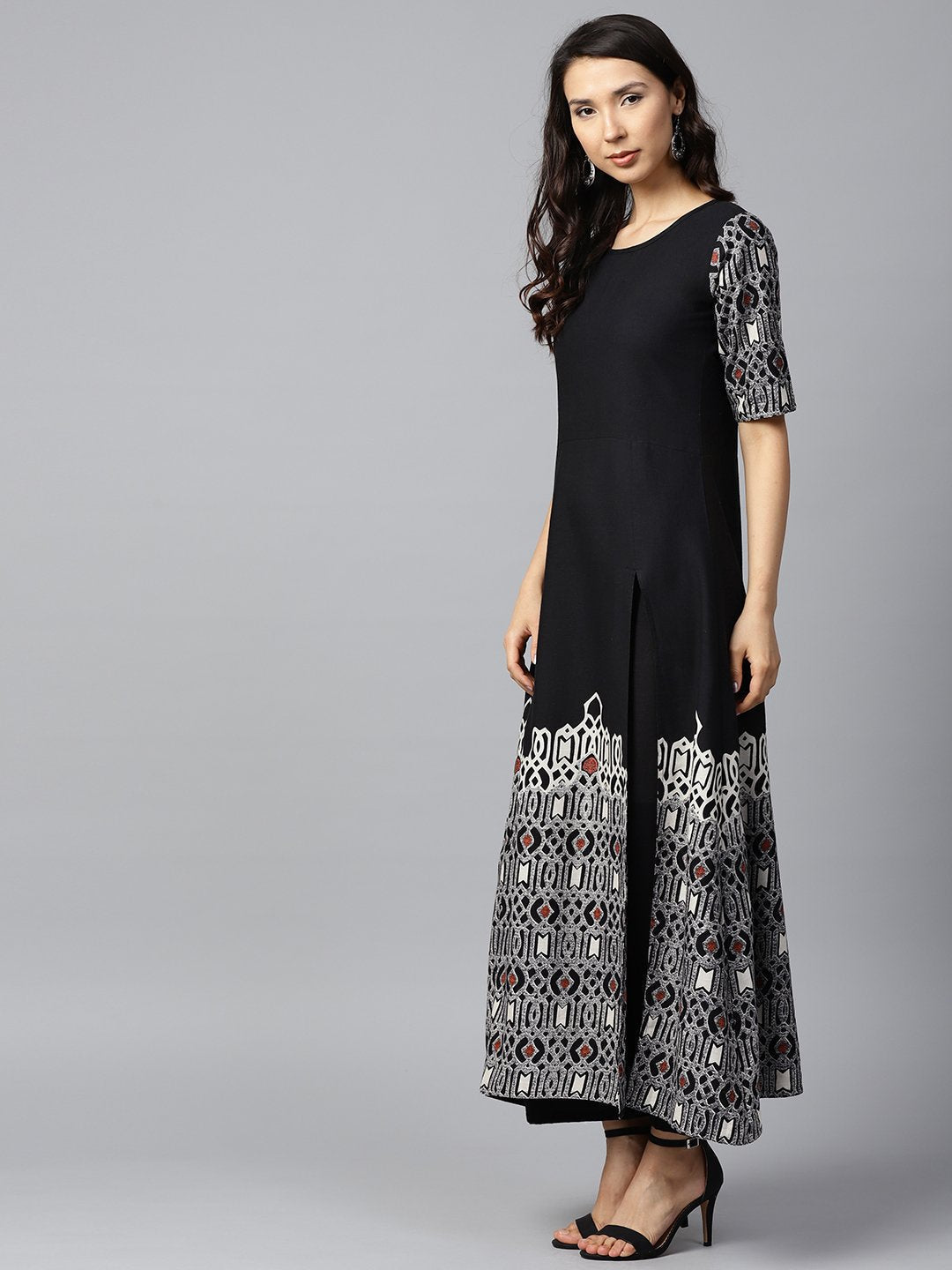 Black Printed Half Sleeve Cotton A-Line Kurta With White Printed Palazzo | LASVINI - Redefining Indian Fashion with Elegance