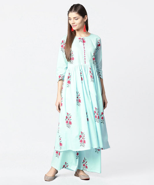 Turquoise Blue Printed 3/4Th Sleeve Cotton Anarkali Kurta With Printed Palazzo | LASVINI - Redefining Indian Fashion with Elegance