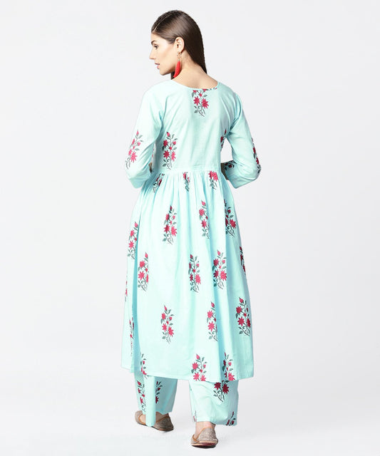 Turquoise Blue Printed 3/4Th Sleeve Cotton Anarkali Kurta With Printed Palazzo | LASVINI - Redefining Indian Fashion with Elegance