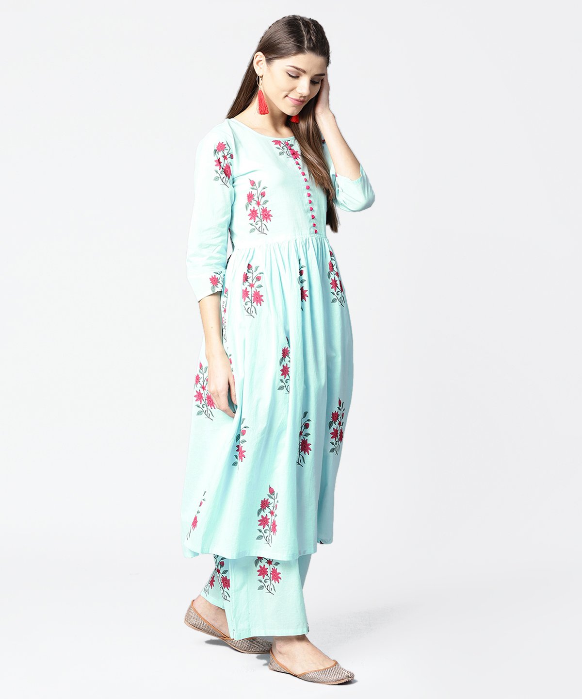 Turquoise Blue Printed 3/4Th Sleeve Cotton Anarkali Kurta With Printed Palazzo | LASVINI - Redefining Indian Fashion with Elegance