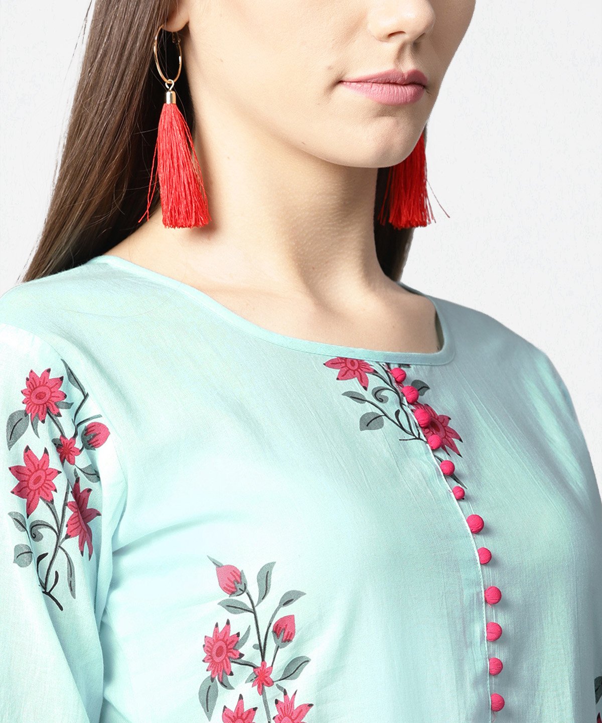 Turquoise Blue Printed 3/4Th Sleeve Cotton Anarkali Kurta With Printed Palazzo | LASVINI - Redefining Indian Fashion with Elegance