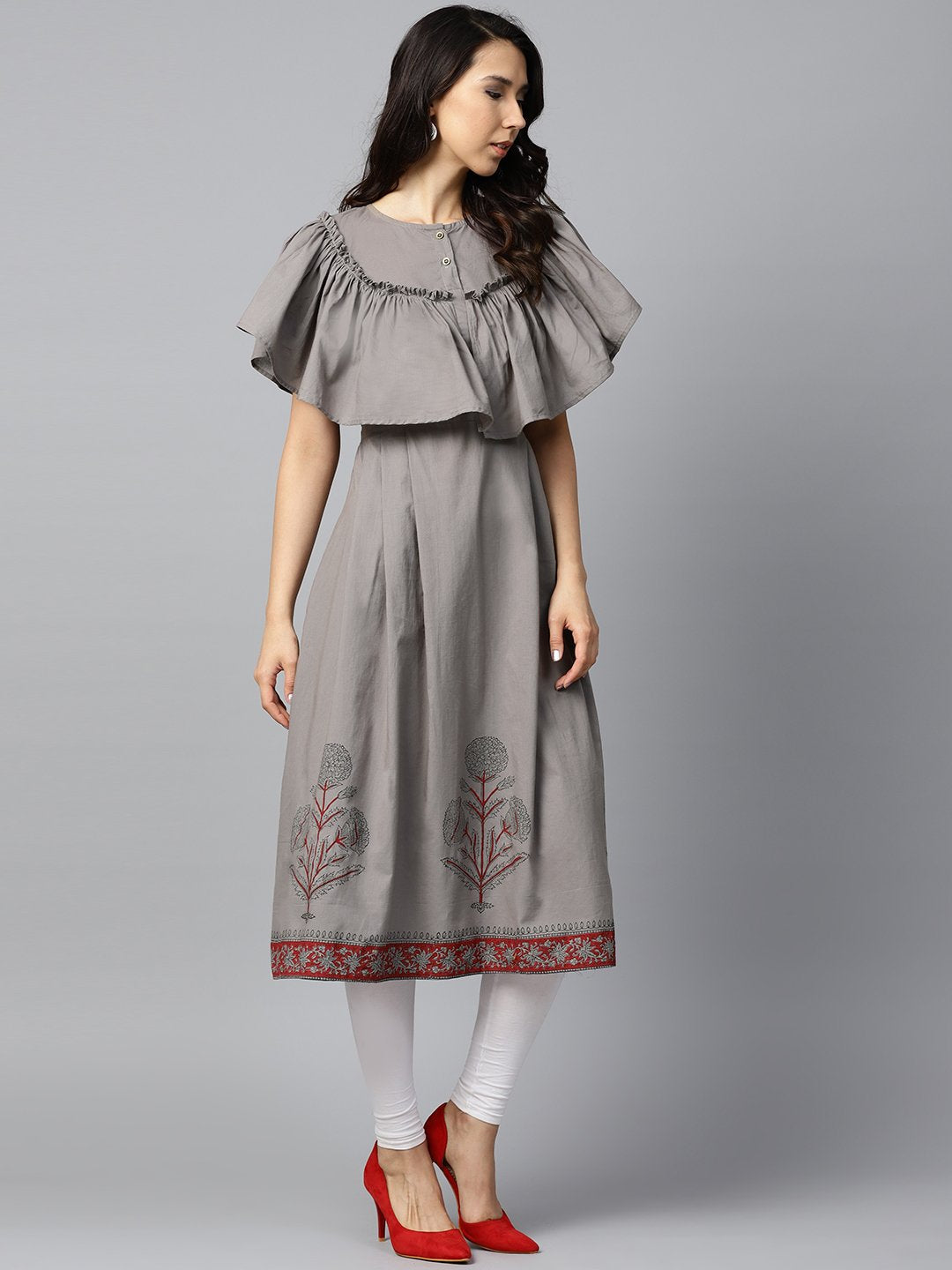 Dark Grey Block Printed Sleeveless Poncho Style Cotton A-Line Kurta | LASVINI - Redefining Indian Fashion with Elegance