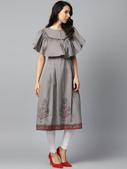 Dark Grey Block Printed Sleeveless Poncho Style Cotton A-Line Kurta | LASVINI - Redefining Indian Fashion with Elegance