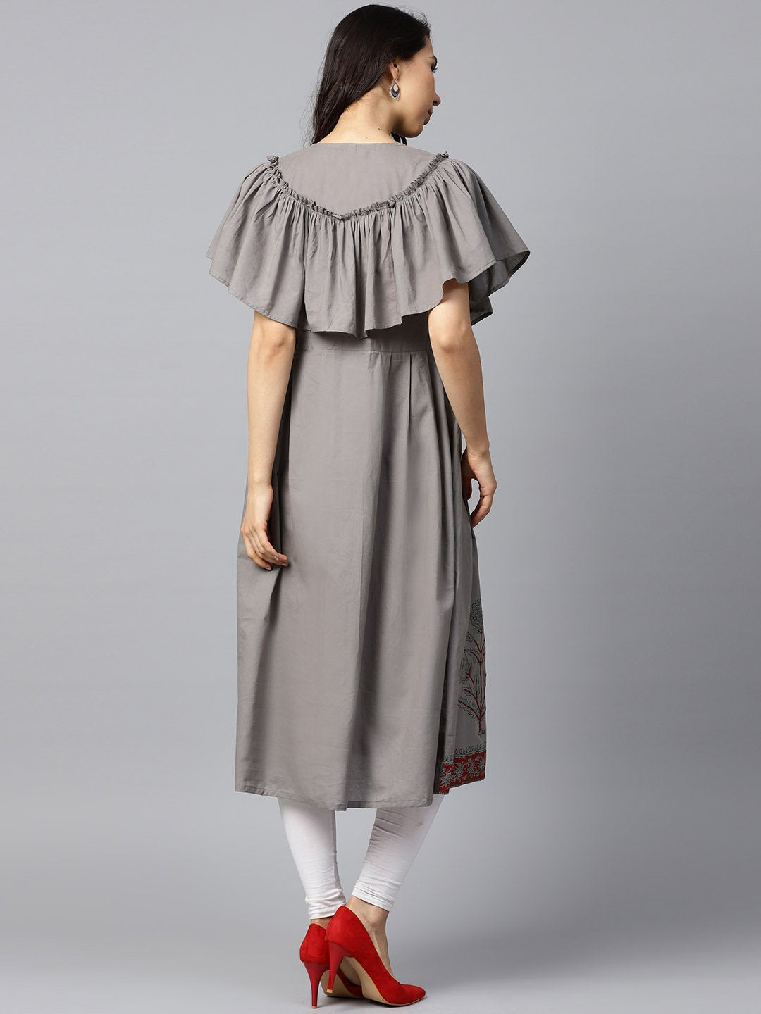 Dark Grey Block Printed Sleeveless Poncho Style Cotton A-Line Kurta | LASVINI - Redefining Indian Fashion with Elegance