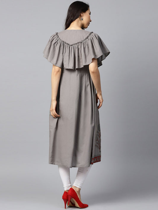 Dark Grey Block Printed Sleeveless Poncho Style Cotton A-Line Kurta | LASVINI - Redefining Indian Fashion with Elegance