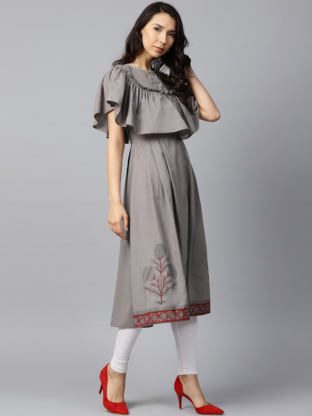Dark Grey Block Printed Sleeveless Poncho Style Cotton A-Line Kurta | LASVINI - Redefining Indian Fashion with Elegance