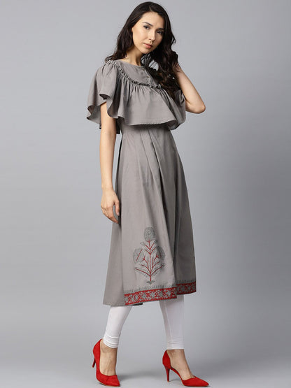 Dark Grey Block Printed Sleeveless Poncho Style Cotton A-Line Kurta | LASVINI - Redefining Indian Fashion with Elegance