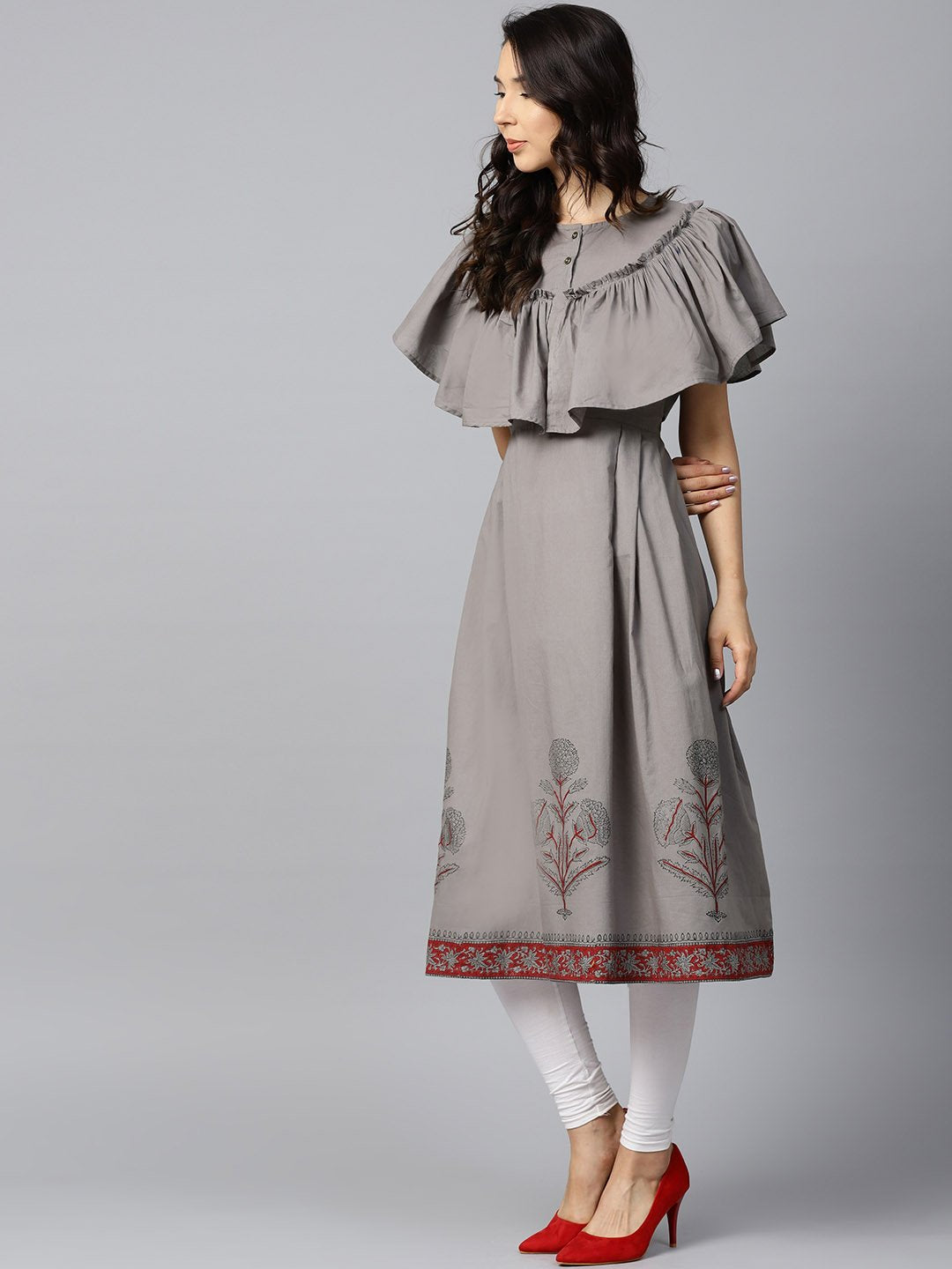 Dark Grey Block Printed Sleeveless Poncho Style Cotton A-Line Kurta | LASVINI - Redefining Indian Fashion with Elegance