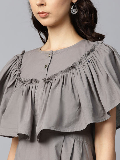 Dark Grey Block Printed Sleeveless Poncho Style Cotton A-Line Kurta | LASVINI - Redefining Indian Fashion with Elegance