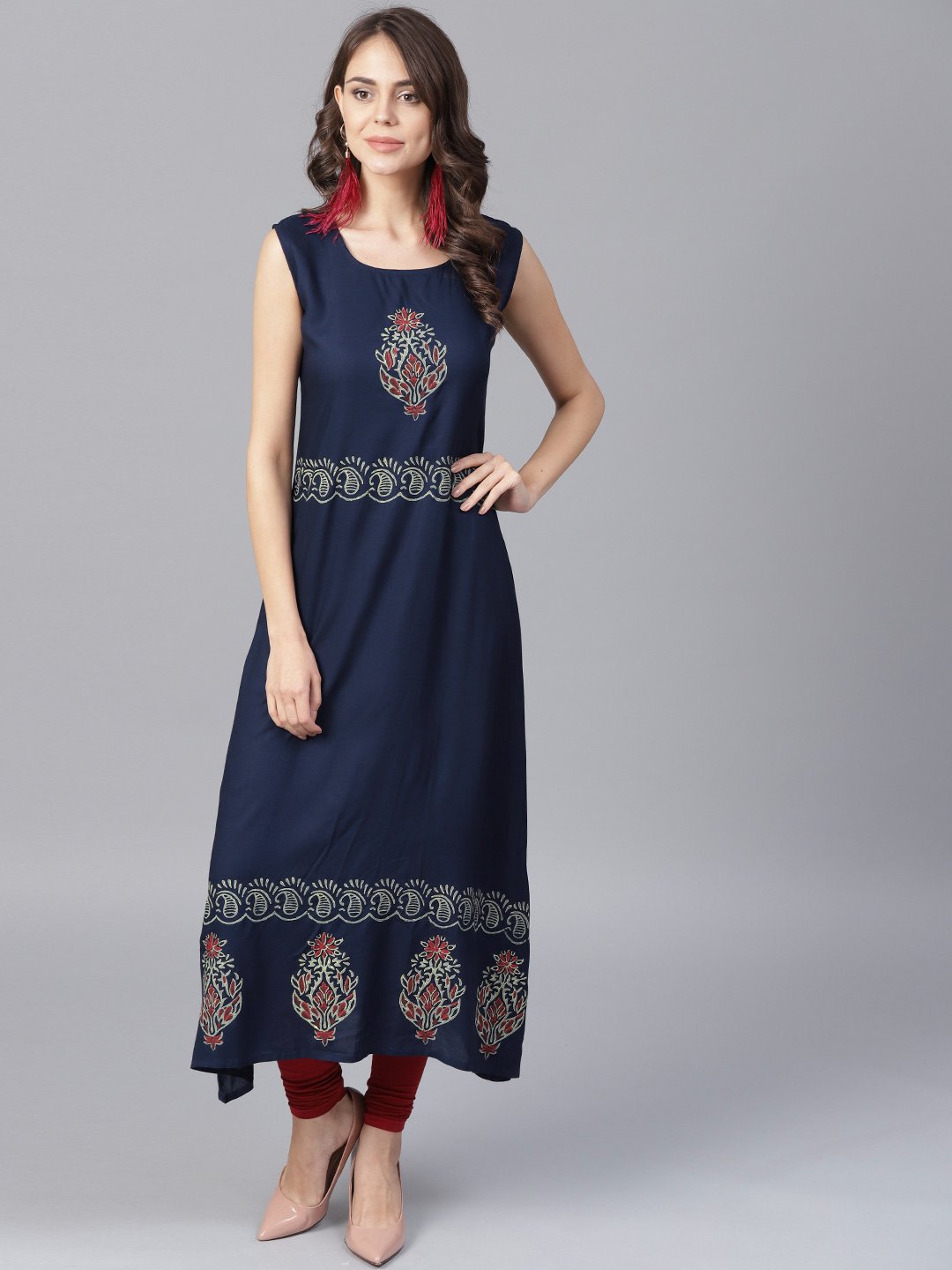 Navy Blue Block Printed Sleeveless Rayon A-Line Kurta | LASVINI - Redefining Indian Fashion with Elegance