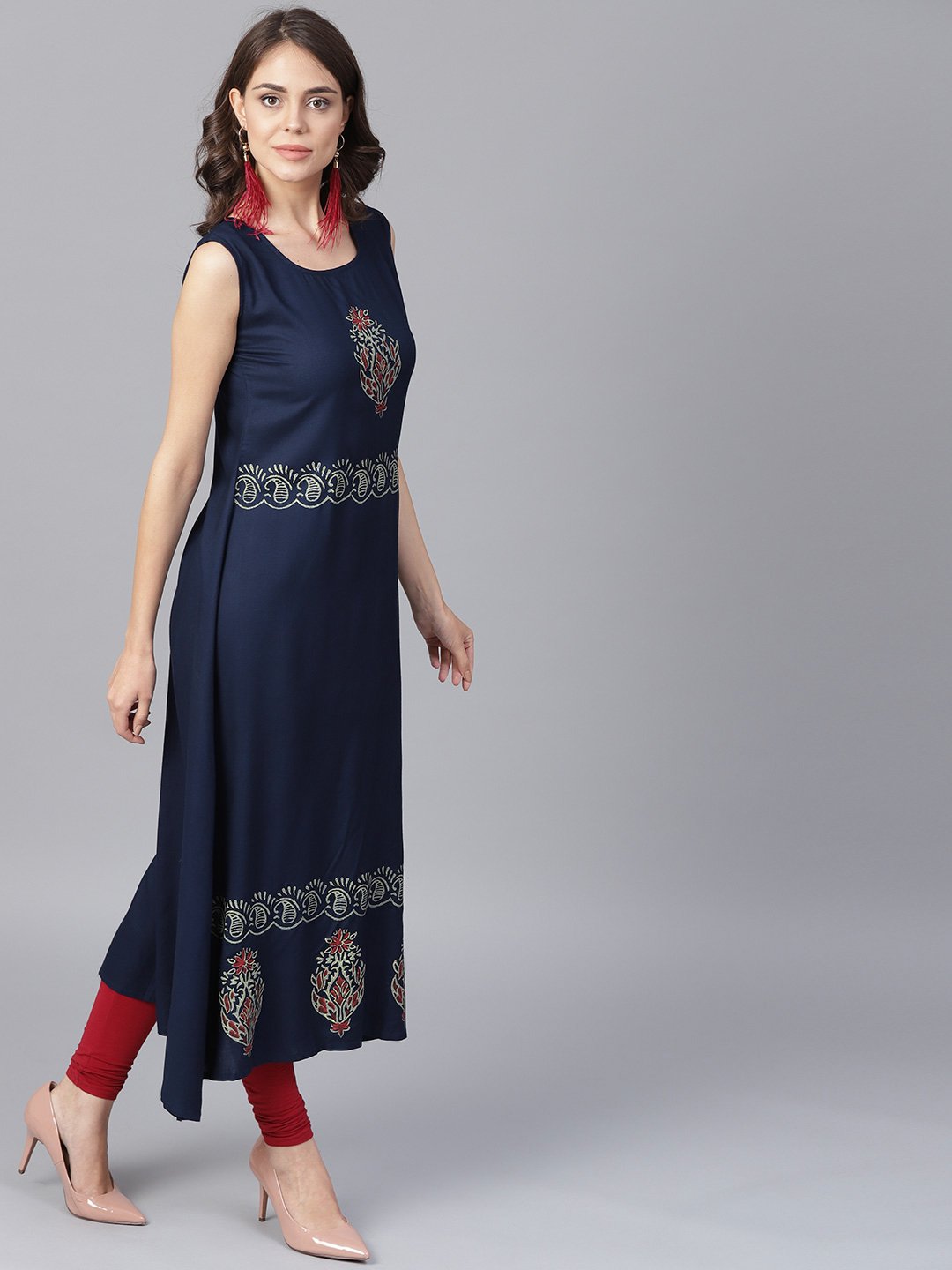 Navy Blue Block Printed Sleeveless Rayon A-Line Kurta | LASVINI - Redefining Indian Fashion with Elegance
