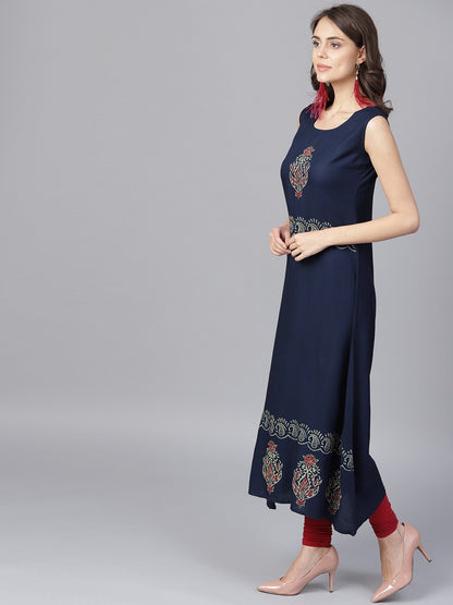 Navy Blue Block Printed Sleeveless Rayon A-Line Kurta | LASVINI - Redefining Indian Fashion with Elegance